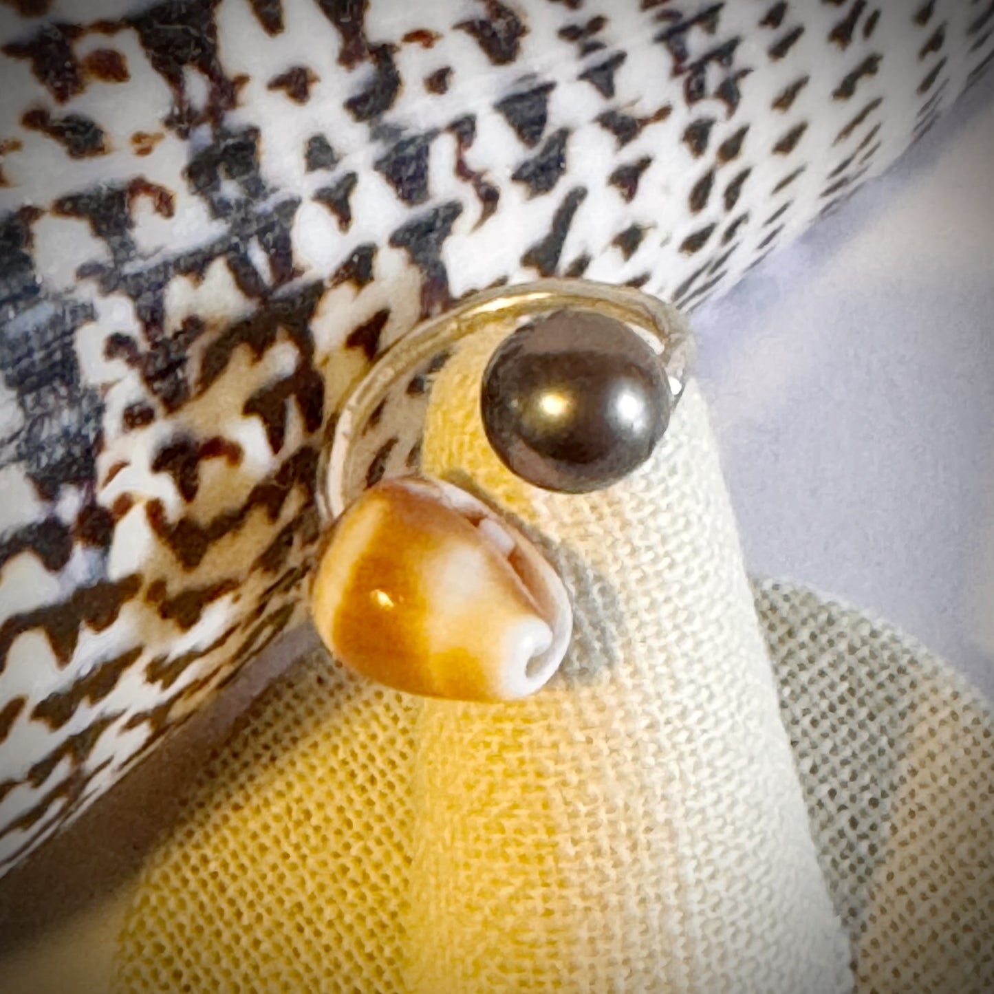 Cone shell with Tahitian pearl silver cuff adjustable shell ring