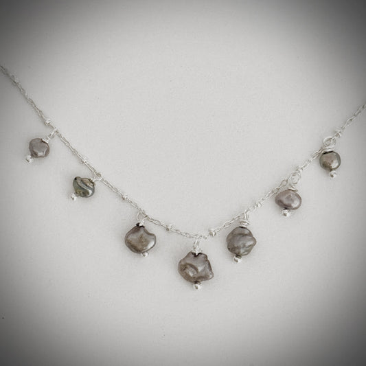 Keshi pearls dangle necklace on silver chain 16”