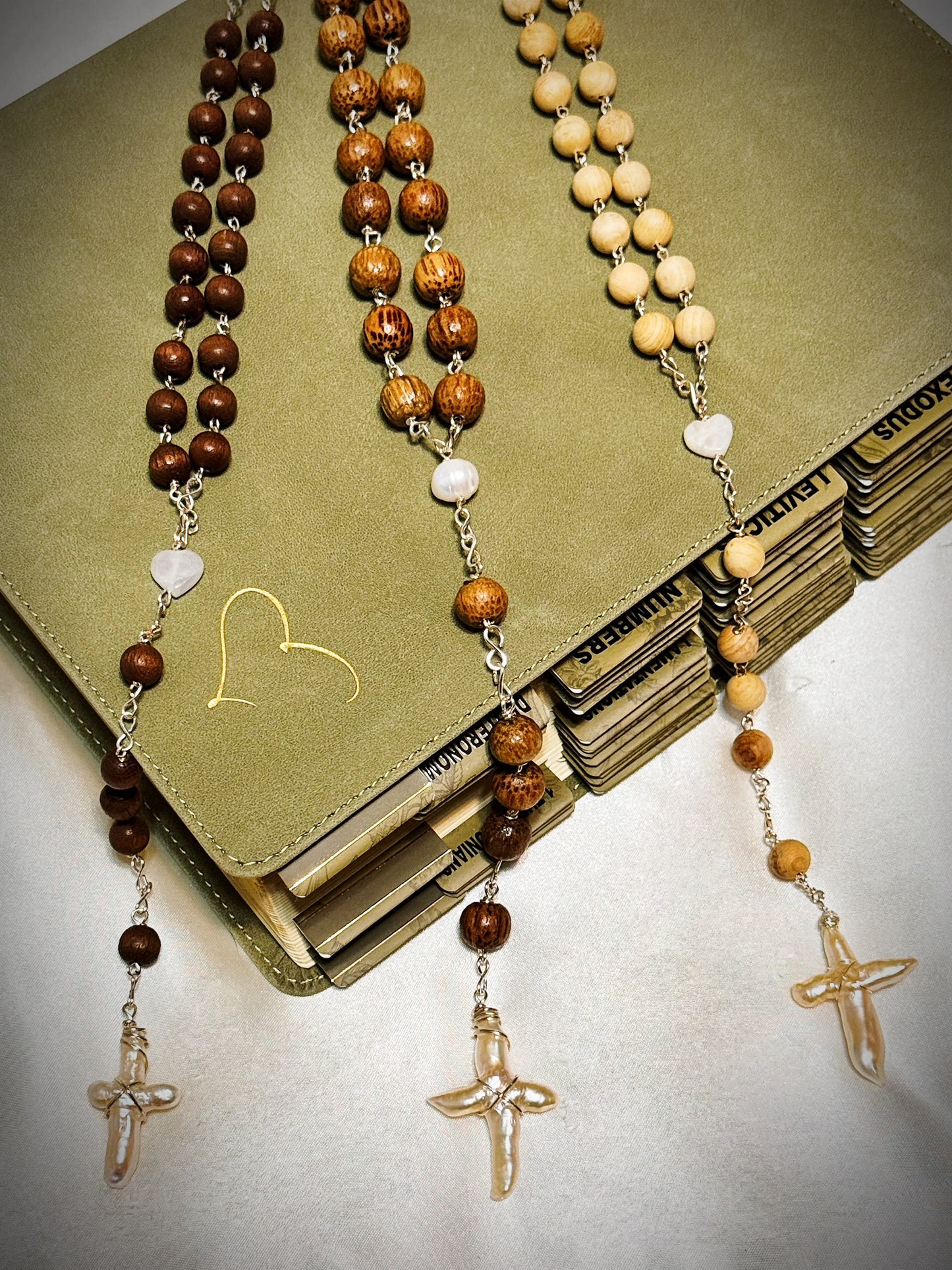 Mother of pearl white cross rosary like necklace tan wood bead