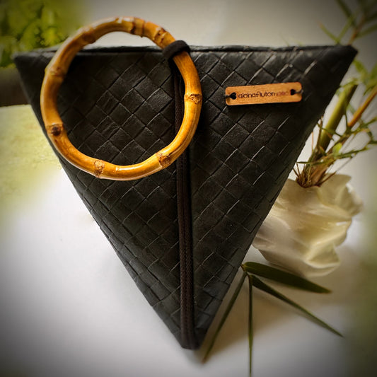 Black woven faux leather triangle clutch