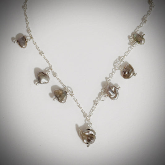 Keshi pearls dangle necklace on silver chain 18”