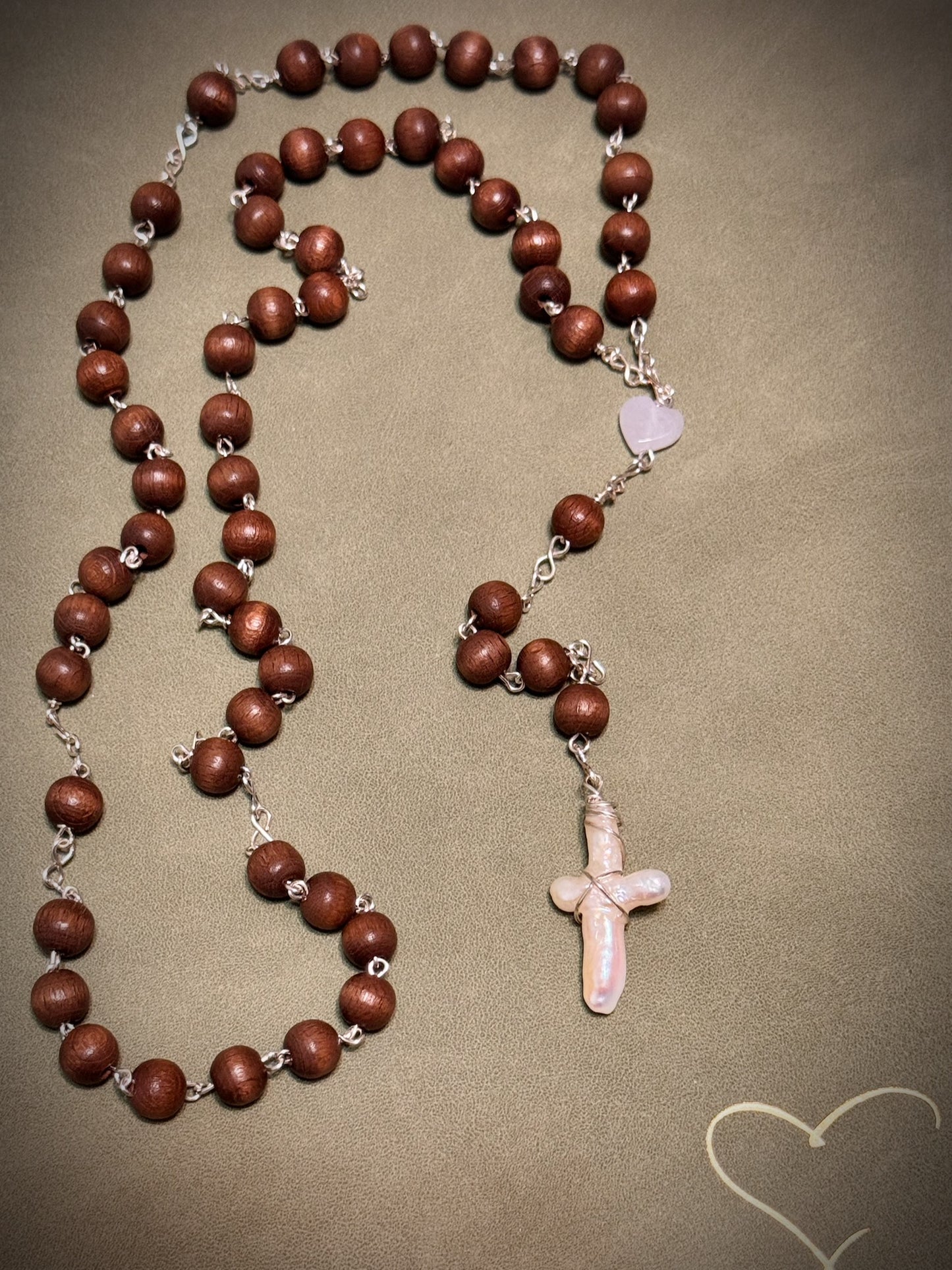 Mother of pearl white cross rosary like necklace dark brown wood bead