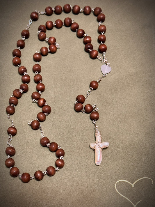 Mother of pearl white cross rosary like necklace dark brown wood bead