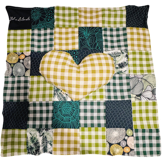 Green Palaka vintage baby quilt and heart pillow
