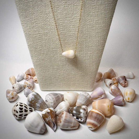 Tan and white Cone seashell floating necklace
