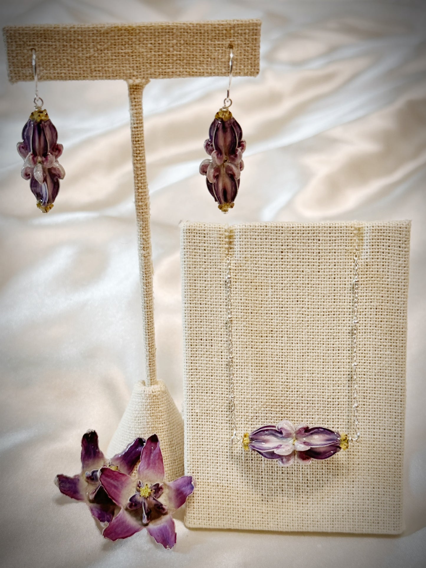 Pua Kalaunu double purple dangle necklace on silver chain and earring set
